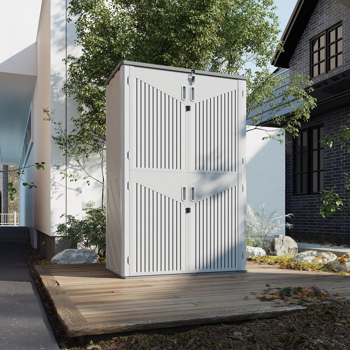 Aoxun 1800L Tall Plastic Shed with Floor 133ร76ร191cm, Large Garden Storage Box, Vertical Outdoor Storage Shed with Lockable Double Doors, Waterproof for Wheelie Bins, Lawn Mowers & Long Garden Tools