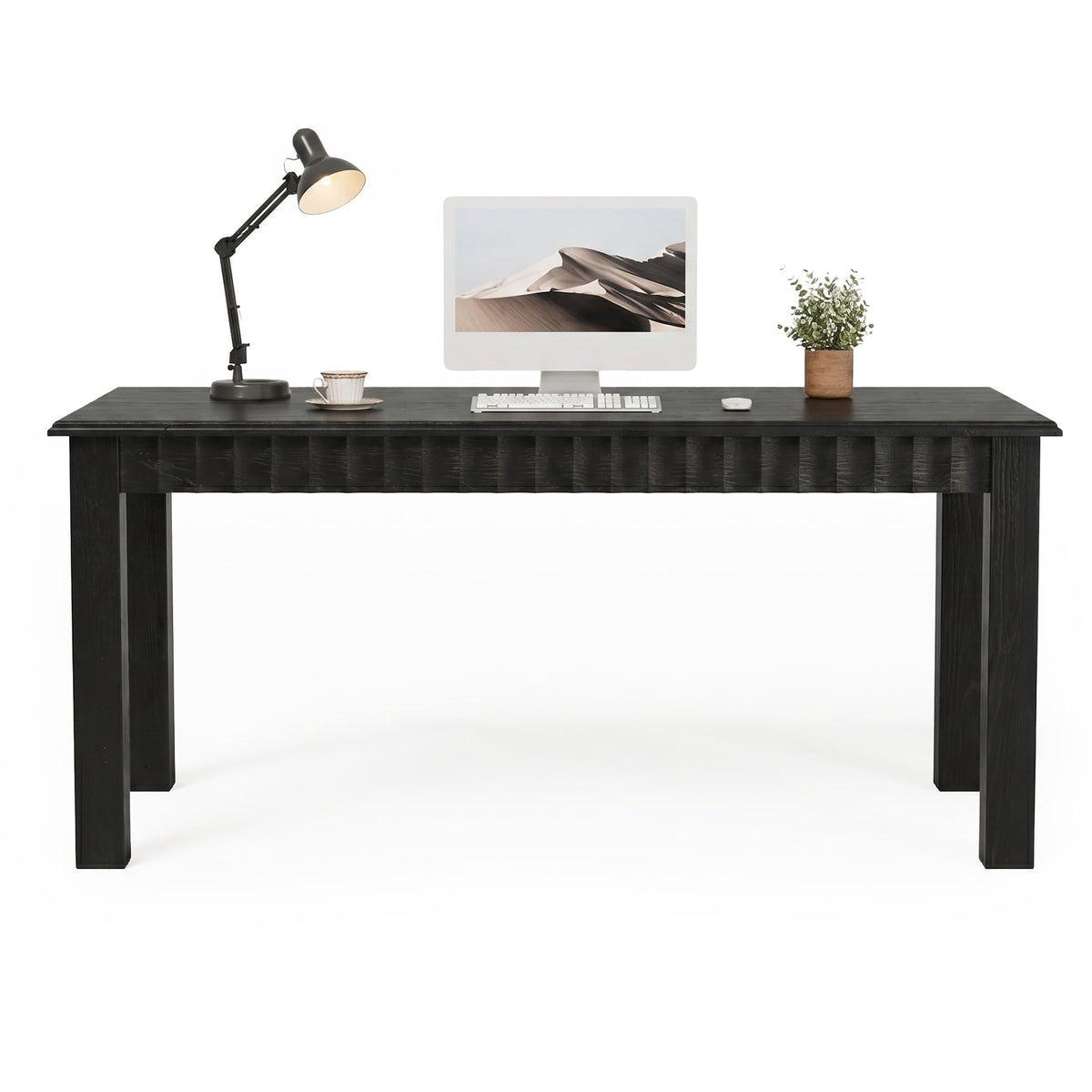 TRIBEWOOD 63-Inch Computer Desk, Solid Wood Home Office Desk with Sturdy Wooden Legs, Rustic Large Computer Office Table for Writing, Reading, Study, Black