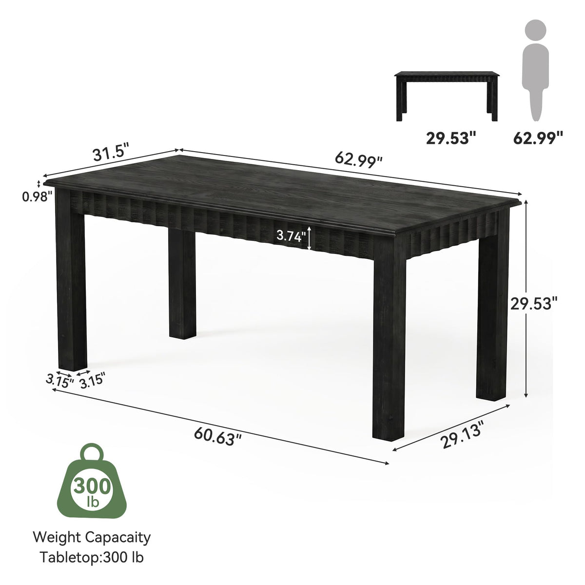 TRIBEWOOD 63-Inch Computer Desk, Solid Wood Home Office Desk with Sturdy Wooden Legs, Rustic Large Computer Office Table for Writing, Reading, Study, Black