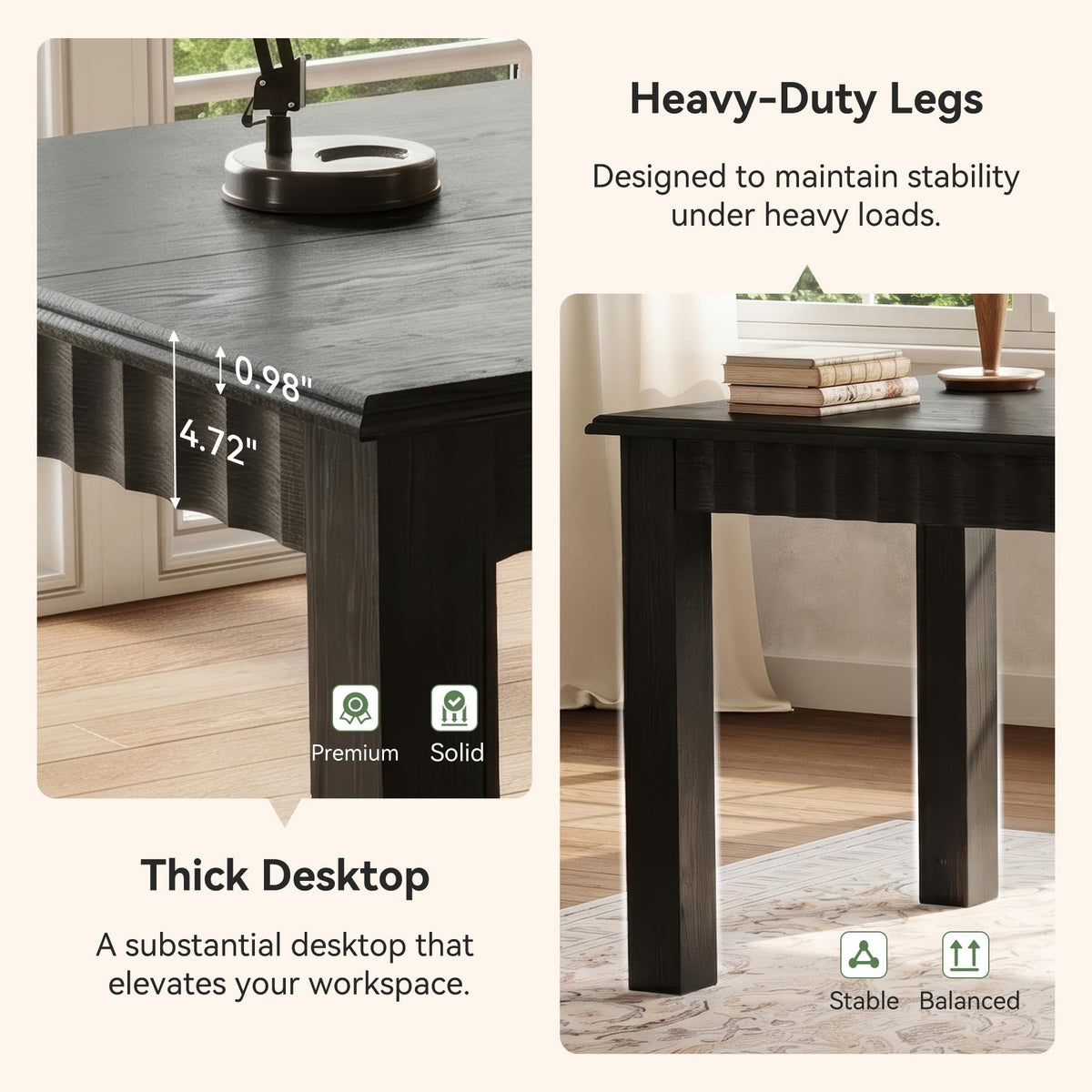 TRIBEWOOD 63-Inch Computer Desk, Solid Wood Home Office Desk with Sturdy Wooden Legs, Rustic Large Computer Office Table for Writing, Reading, Study, Black