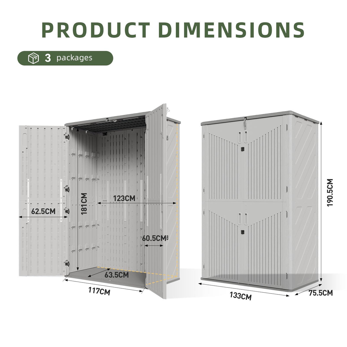 Aoxun 1800L Tall Plastic Shed with Floor 133×76×191cm, Large Garden Storage Box, Vertical Outdoor Storage Shed with Lockable Double Doors, Waterproof for Wheelie Bins, Lawn Mowers & Long Garden Tools