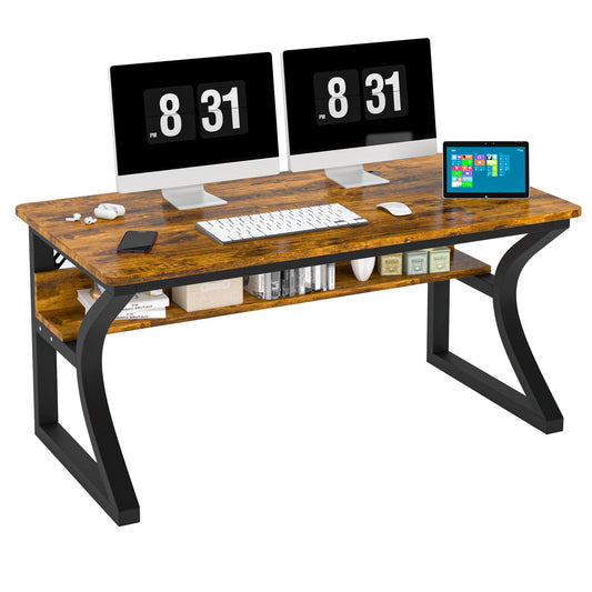 Oraspala Computer Desk, 55 x 20in Computer Desk, Office Desk w/Storage, Home Office Desks for Gaming Study Writing Work, Sturdy Metal Frame, Large Legroom, Waterproof, Scratch-Resistant, Rustic Brown