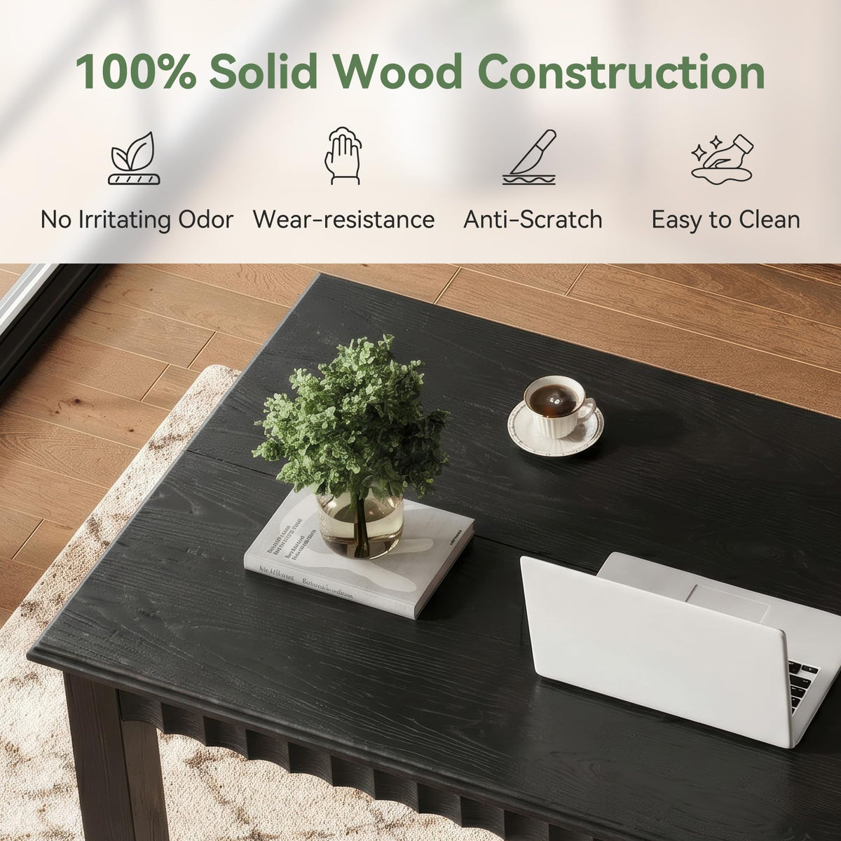 TRIBEWOOD 63-Inch Computer Desk, Solid Wood Home Office Desk with Sturdy Wooden Legs, Rustic Large Computer Office Table for Writing, Reading, Study, Black