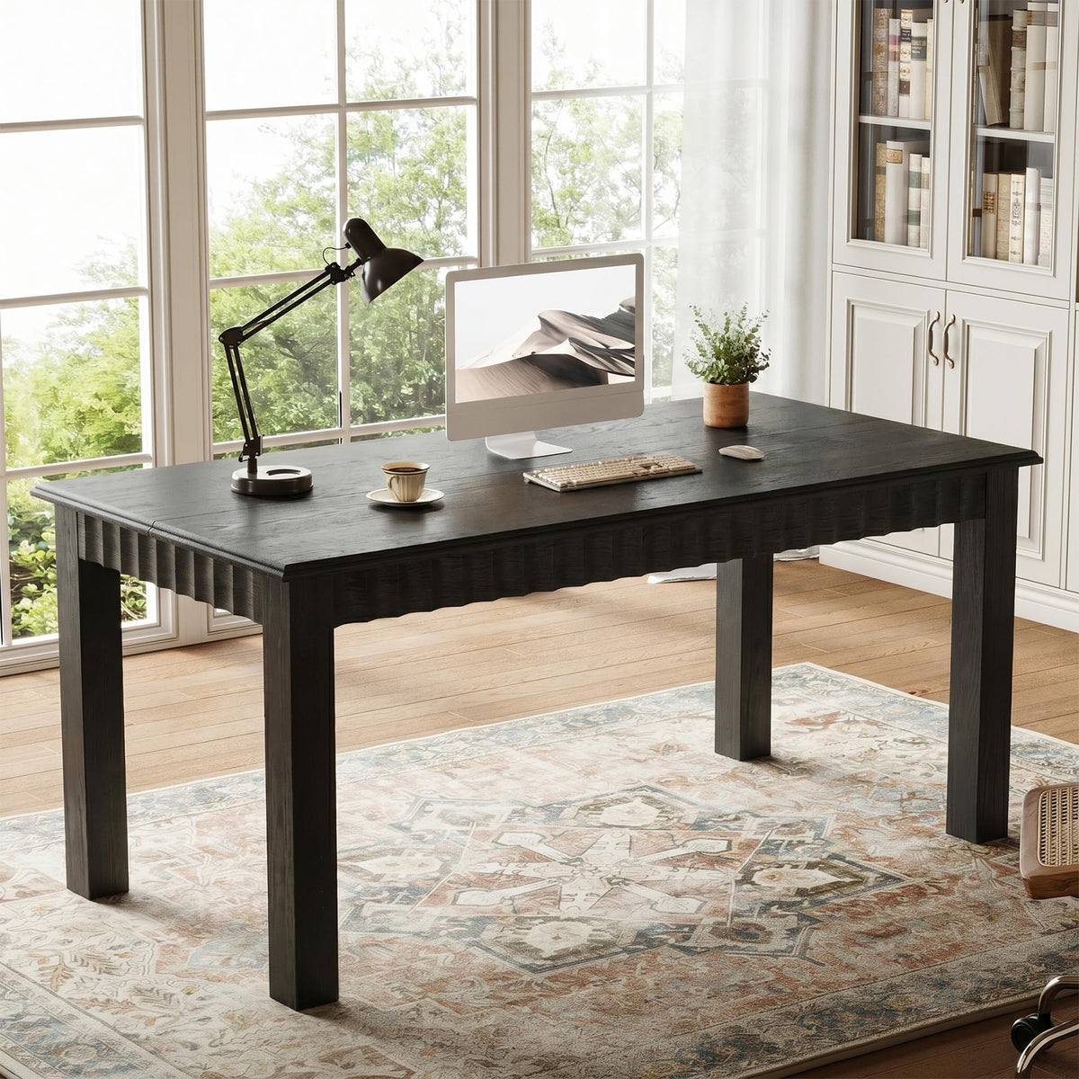 TRIBEWOOD 63-Inch Computer Desk, Solid Wood Home Office Desk with Sturdy Wooden Legs, Rustic Large Computer Office Table for Writing, Reading, Study, Black