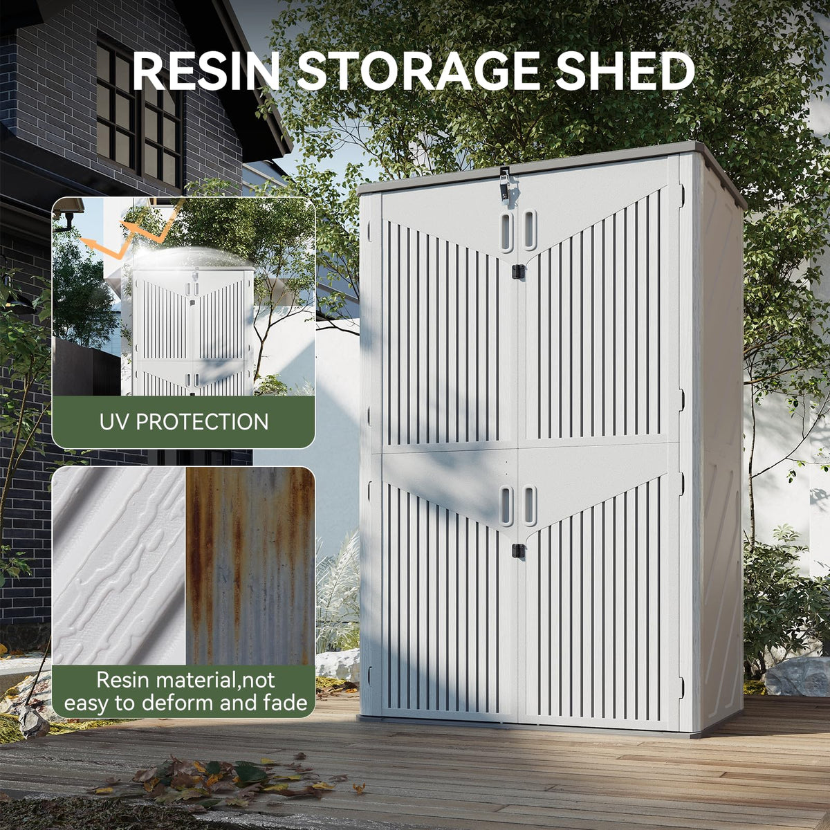 Aoxun 1800L Tall Plastic Shed with Floor 133×76×191cm, Large Garden Storage Box, Vertical Outdoor Storage Shed with Lockable Double Doors, Waterproof for Wheelie Bins, Lawn Mowers & Long Garden Tools