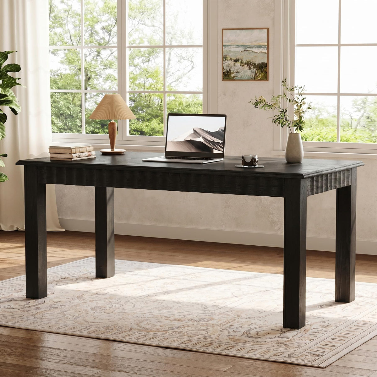 TRIBEWOOD 63-Inch Computer Desk, Solid Wood Home Office Desk with Sturdy Wooden Legs, Rustic Large Computer Office Table for Writing, Reading, Study, Black