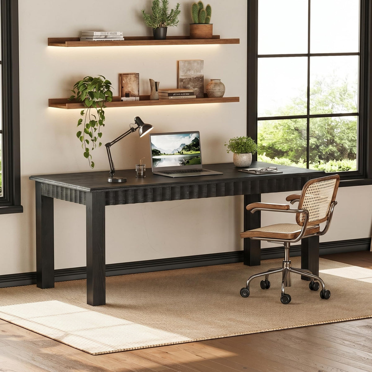 TRIBEWOOD 63-Inch Computer Desk, Solid Wood Home Office Desk with Sturdy Wooden Legs, Rustic Large Computer Office Table for Writing, Reading, Study, Black