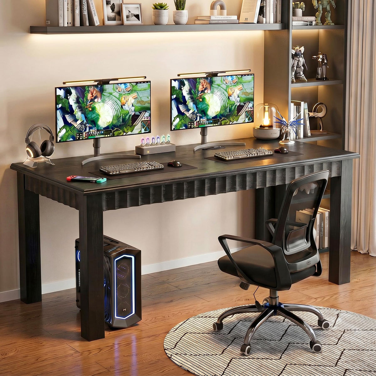 TRIBEWOOD 63-Inch Computer Desk, Solid Wood Home Office Desk with Sturdy Wooden Legs, Rustic Large Computer Office Table for Writing, Reading, Study, Black