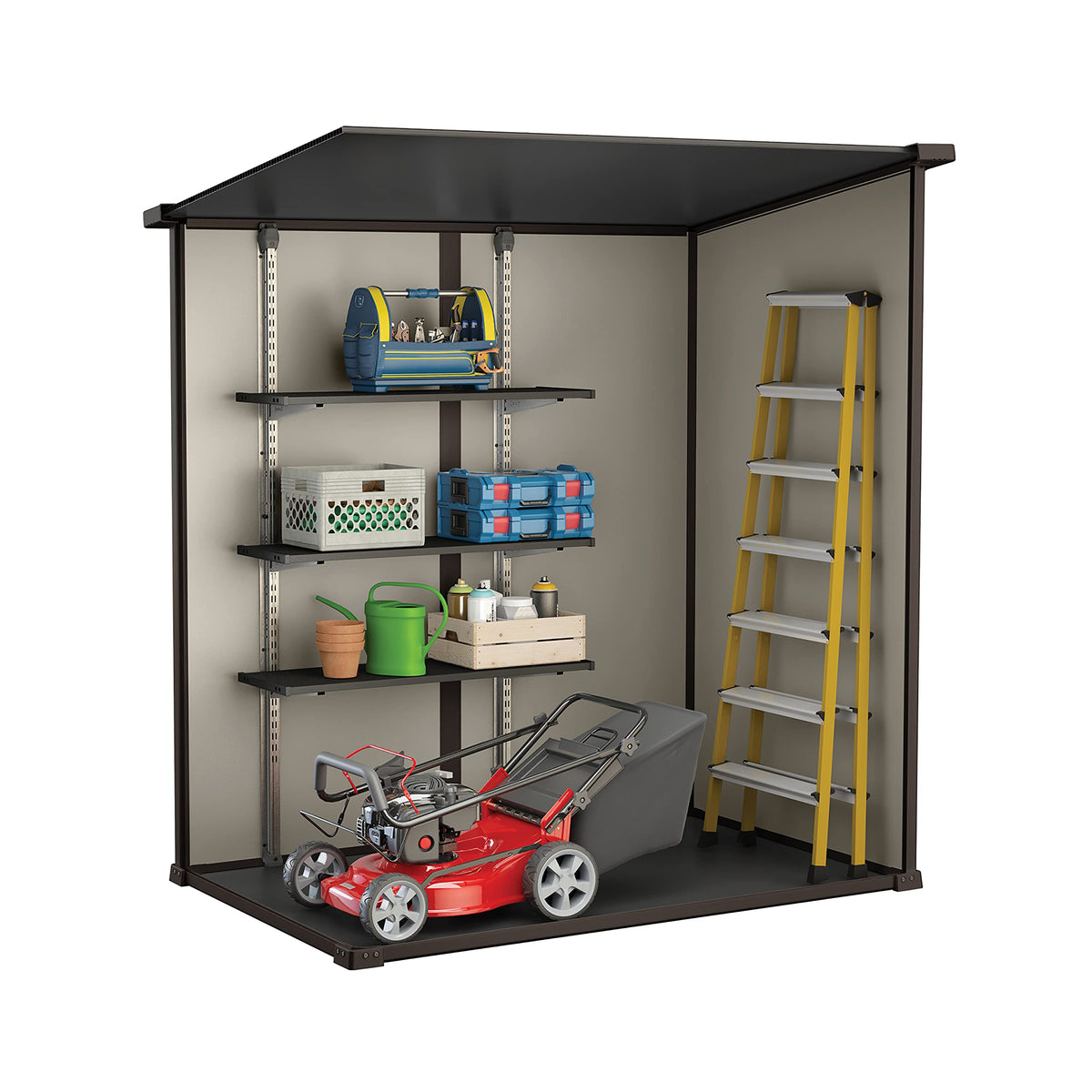 Keter Manor Outdoor Pent Single Door Garden Storage Shed 6 x 4ft Beige Brown Wood Effect Fade Free All Weather Resistant Safe And Secure Zero Maintenance 15 year Warranty