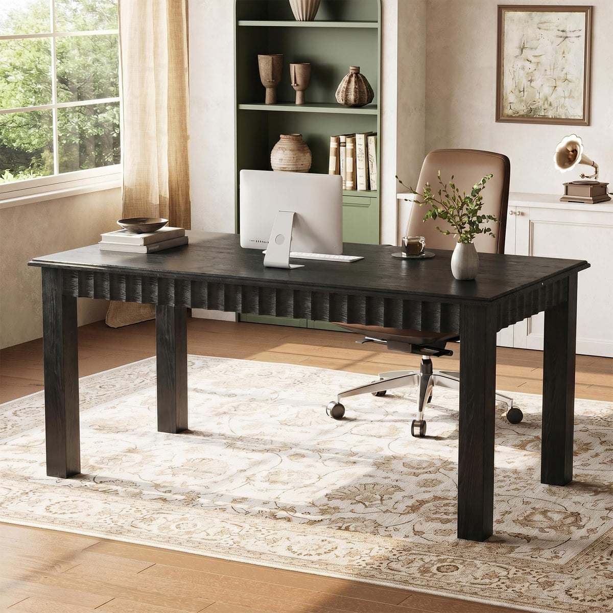TRIBEWOOD 63-Inch Computer Desk, Solid Wood Home Office Desk with Sturdy Wooden Legs, Rustic Large Computer Office Table for Writing, Reading, Study, Black